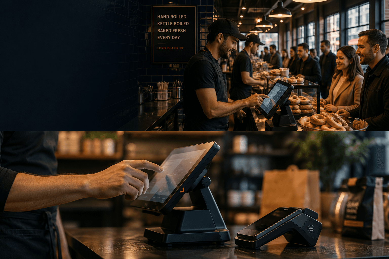 Bagel shop counter with modern point-of-sale technology